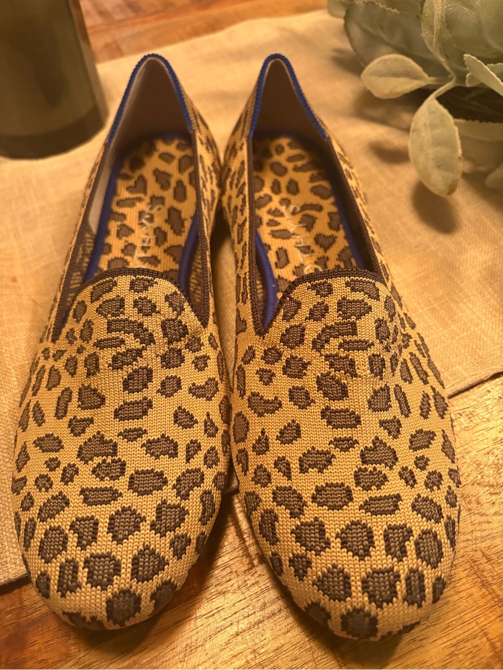 Rothy's Leopard Print Slip-On Flats with brown/tan/black with Blue Trim